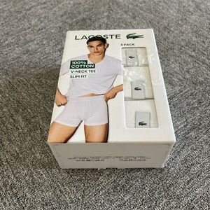 Lacoste 100% Cotton V-Neck Tee Slim Fit- 3 Pack White- Undershirt- New In Box- S